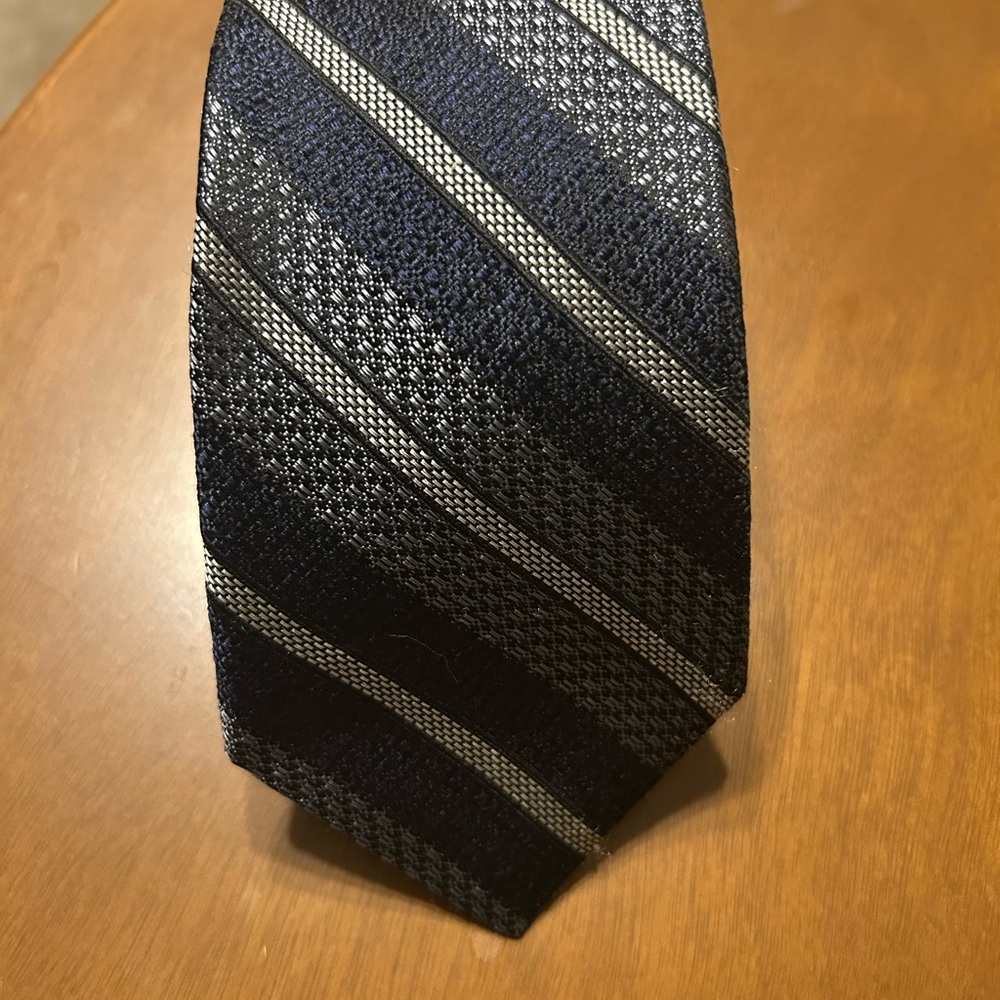 Elegant Navy Blue and Gray Striped Tie.